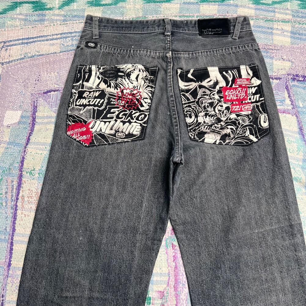 Vtg Y2K Ecko Unltd Baggy Fit Jeans Mens 32x30 Graffiti Embroidered Comic Strip